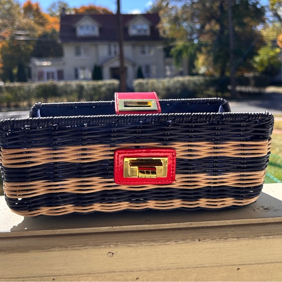 JCrew NWT wicker clutch blue w/ red leather closure - Picture 2 of 11